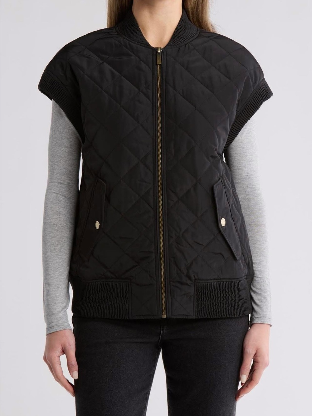 Michael Kors Black Quilted Short-Sleeve Bomber Vest